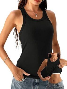 Black Ribbed Racerback Tank Top Built-In Bra High Neck Fitted Cami